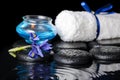 Beautiful spa concept of iris flower, blue candle, white towel a Royalty Free Stock Photo