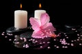 Beautiful spa concept of pink hibiscus, candles, zen stones Royalty Free Stock Photo