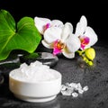 beautiful spa concept of white orchid flower, phalaenopsis, green leaf with dew, sea salt on black zen stones, close up Royalty Free Stock Photo