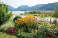 Beautiful spa garden with autumnal flowers, lakeside schliersee