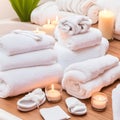 Beautiful spa setting with bathrobe, slippers, candles, cosmetics. Beauty wellness center treatment and relax concept.