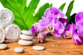 Beautiful spa setting of blooming lilac orchid, white stones, to Royalty Free Stock Photo