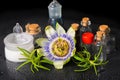 Beautiful spa setting of blue passiflora flower, cosmetic salt m Royalty Free Stock Photo