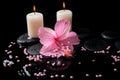 Beautiful spa setting of pink hibiscus, candles, zen stones Royalty Free Stock Photo