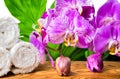 Beautiful spa still life with blooming lilac orchid, white stone Royalty Free Stock Photo