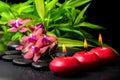 beautiful spa still life of blooming twig red orchid flower, phalaenopsis, bamboo with dew and candles on zen basalt Royalty Free Stock Photo