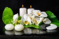 beautiful spa still life of blooming white orchid flower, phalaenopsis, green leaf with dew, candles and sign Yin Yang stones on Royalty Free Stock Photo