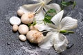 Beautiful spa still life of delicate white hibiscus, twig passionflower, stones with drops on black background, closeup Royalty Free Stock Photo