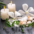 Beautiful spa still life of delicate white hibiscus, twig passionflower, stones with drops, candles on black background, closeup Royalty Free Stock Photo