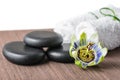 Beautiful spa still life of passiflora flower, black zen stones Royalty Free Stock Photo