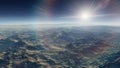 Beautiful space view, view from an alien planet, exoplanet surface, fantastic planet 3D render Royalty Free Stock Photo