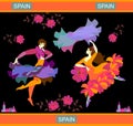 Beautiful Spanish couple dancing flamenco, isolated on black background in vector. Man with raincoat and woman with shawl Royalty Free Stock Photo