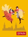 Beautiful Spanish couple dancing flamenco in the yellow sky over the city. Fantasy vector illustration. Art Deco style