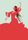 Beautiful Spanish flamenco dancer, wearing elegant red dress and