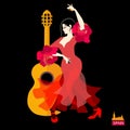 Beautiful Spanish girl, dressed in red dress with flounces in the form of roses, and with castanets in her hands, is dancing