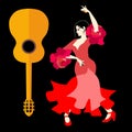 Beautiful Spanish girl, dressed in a traditional red dress, and with castanets in her hands, dancing flamenco and guitar Royalty Free Stock Photo