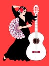 Beautiful Spanish girl - flamenco dancer with rose on her hair and with fan in her hand and white guitar on bright red background Royalty Free Stock Photo