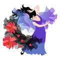 Beautiful Spanish girl in a long lilac dress dancing flamenco with a black shawl with red flowers Royalty Free Stock Photo