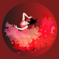 Beautiful Spanish girl in a long red dress, with a rose in her hair and with a shawl in the shape of a flying bird, dancing Royalty Free Stock Photo