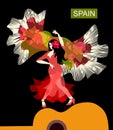 Beautiful Spanish girl, wearing red dress, and with rose in her hair, is dancing flamenco on the silhouette of guitar. Royalty Free Stock Photo