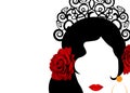 Beautiful Spanish or Latin woman silhouette whit red rose flowers and ethnic hair comb. Beauty Logo Template. Flamenco dancer girl Royalty Free Stock Photo