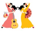 Beautiful spanish women. One with guitar and traditional drink - sangria, and other with fan