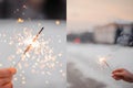 Beautiful sparklers in the hands of a girl on a city background, holiday and Christmas and New Year concept