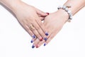 Beautiful sparkling red and blue glitter onbre style on woman acrylic fingernail
