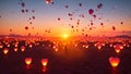 A beautiful spectacle of countless balloons filling the evening sky, captivated by the setting suns warm glow, Sunrise lighting up