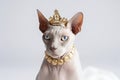 Beautiful Sphynx Cat In Gold Crown On White Background. Generative AI