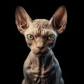 Beautiful Sphynx cat looking at camera in front of black background. Genearative AI of a Sphynx cat