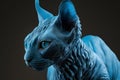 Beautiful Sphynx cat portrait in blue colors. Neural network generated art