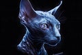 Beautiful Sphynx cat portrait in blue colors. Neural network generated art