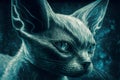 Beautiful Sphynx cat portrait in blue colors. Neural network generated art