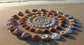 Seashell Spiral Mandala on Sandy Beach with Ocean Waves Royalty Free Stock Photo
