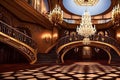 A beautiful spiral staircase, an open hall with chandeliers, yellow beaming light in the big hall, beauty and the beast inspired,