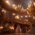 A beautiful spiral staircase, an open hall with chandeliers, yellow beaming light in the big hall, beauty and the beast inspired,