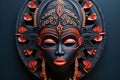 Beautiful Spirit African Woman Wooden Mask on the Wall extreme closeup. Generative AI