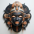 Beautiful Spirit African Woman Wooden Mask on the Wall extreme closeup. Generative AI