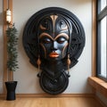 Beautiful Spirit African Woman Wooden Mask on the Wall extreme closeup. Generative AI