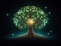 Beautiful spirit tree with green sparkling leaves, on black background. Mythological magic tree. Generative AI