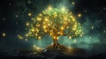 Beautiful spirit tree surrounded by golden sparkles, on misty dark background. Magical tree. Generative AI