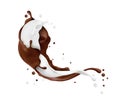 Beautiful splashes of chocolate and milk in the air isolated on white background