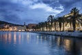 Beautiful Split city with the old town promenade and the Diocletian Palace at blue hour in Croatia, Dalmatia, Europe.