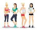 Beautiful sport fitness girls models. Young woman gym flat vector illustration. Royalty Free Stock Photo