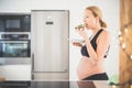 Beautiful sporty fit young pregnant woman having a healthy snack in home kitchen. Healty lifestyle concept. Royalty Free Stock Photo