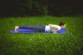 Beautiful sporty fit young woman in sportswear working out outdoors on summer day, doing push-ups, chaturanga dandasana Royalty Free Stock Photo