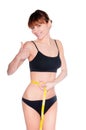 Beautiful sporty woman body with yellow measure on white background Royalty Free Stock Photo