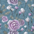 Lilac and white rose flowers with leaves on grunge foam blue background.