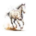 A beautiful spotted horse going in the field on a white background, watercolor painting